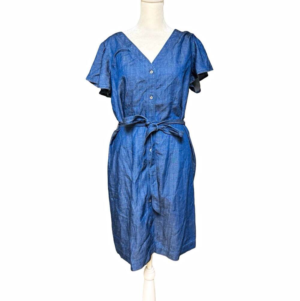 LOFT Blue Denim Shirt Dress V-Neck Button Front Belted Flutter Sleeve 8